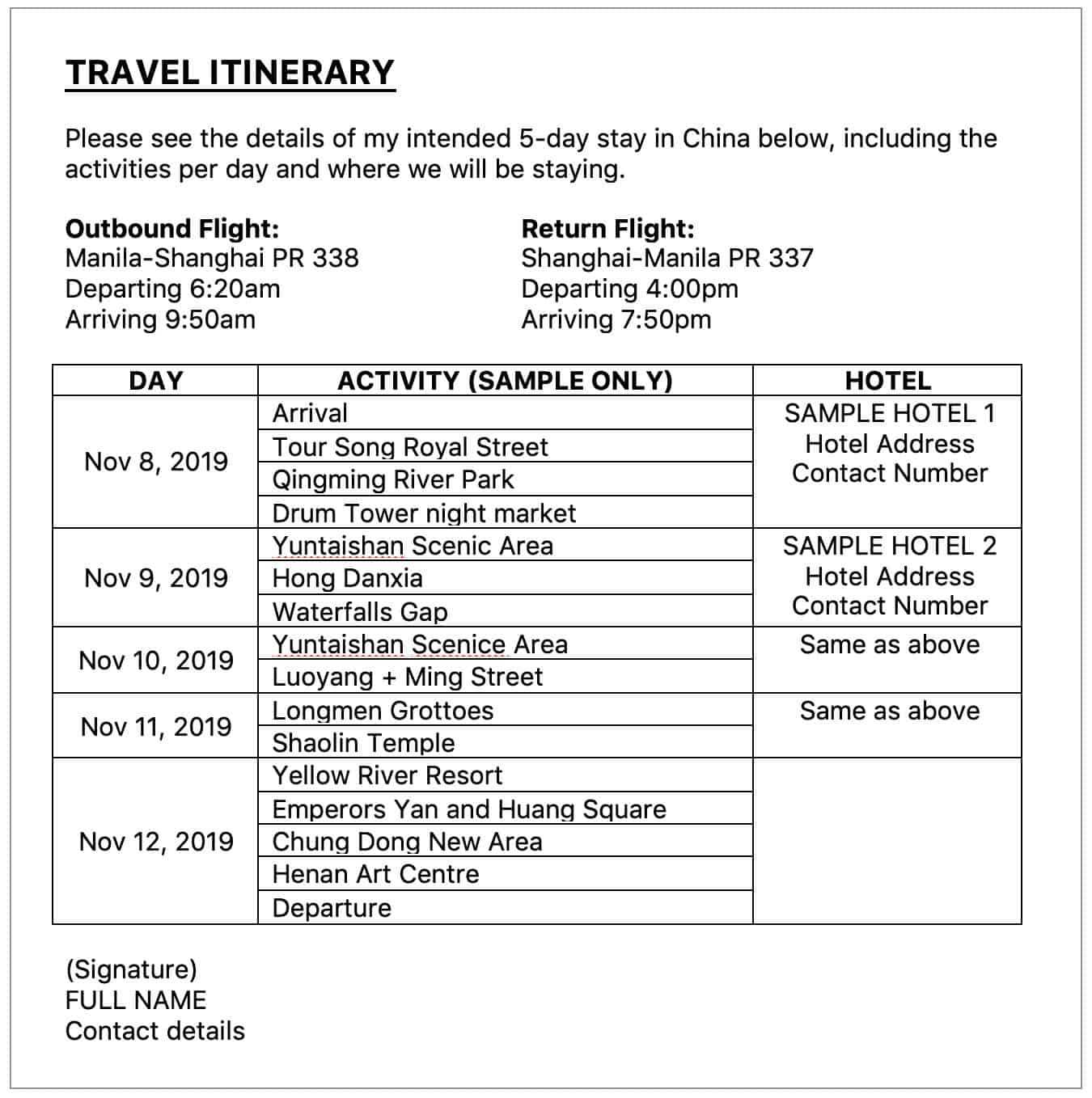 travel itinerary for uk visa application