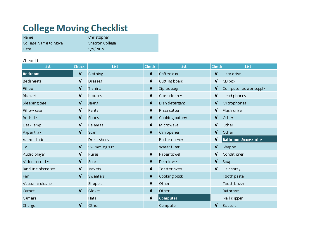 免费College Moving checklist example  样本文件在  With College Checklist Template For College Checklist Template