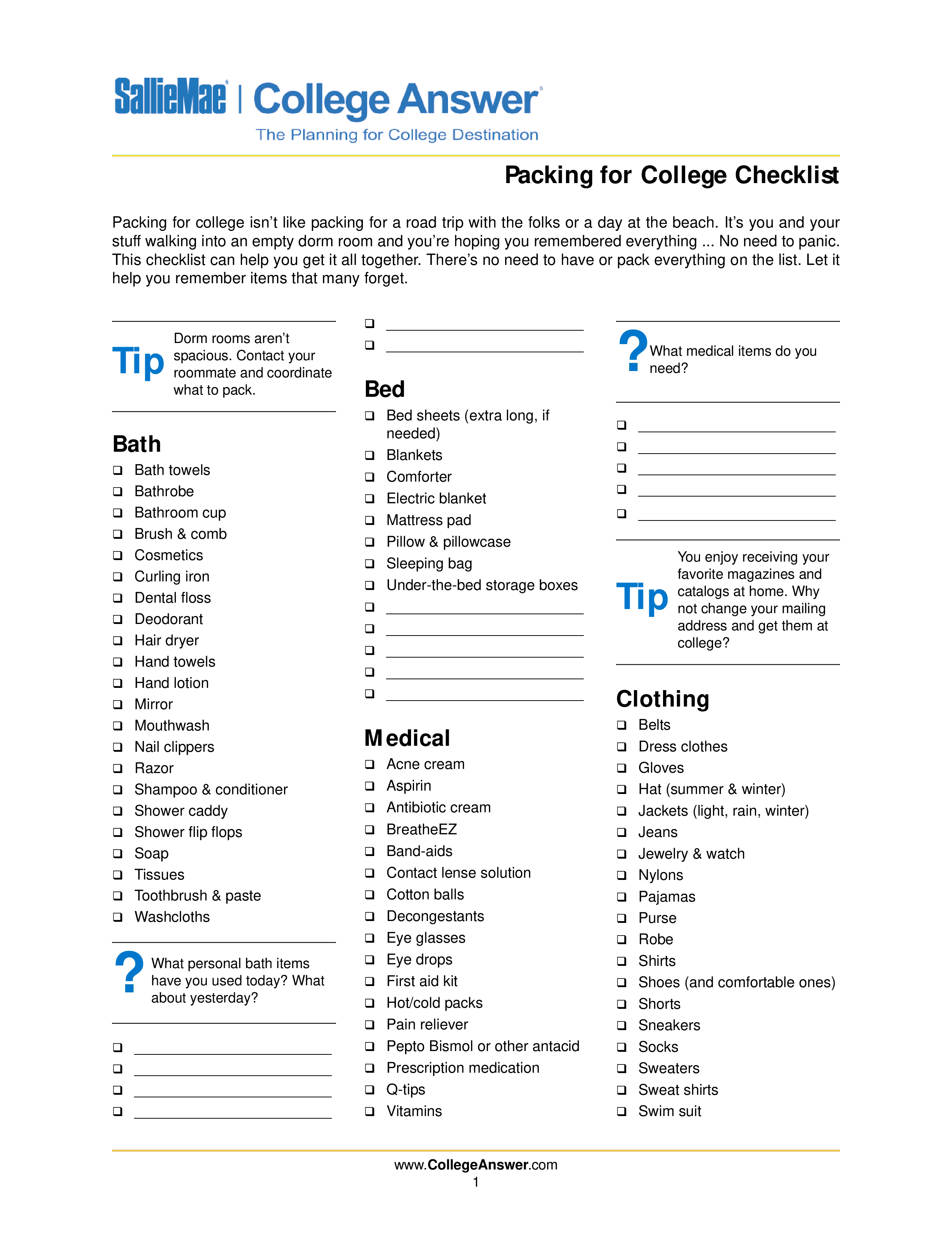 免费College Packing Checklist Sample  样本文件在  Throughout College Checklist Template