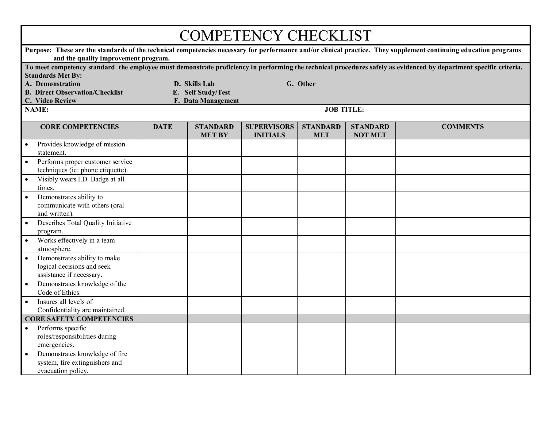 COMPETENCY CHECKLIST Pertaining To Skills Checklist Template For Skills Checklist Template