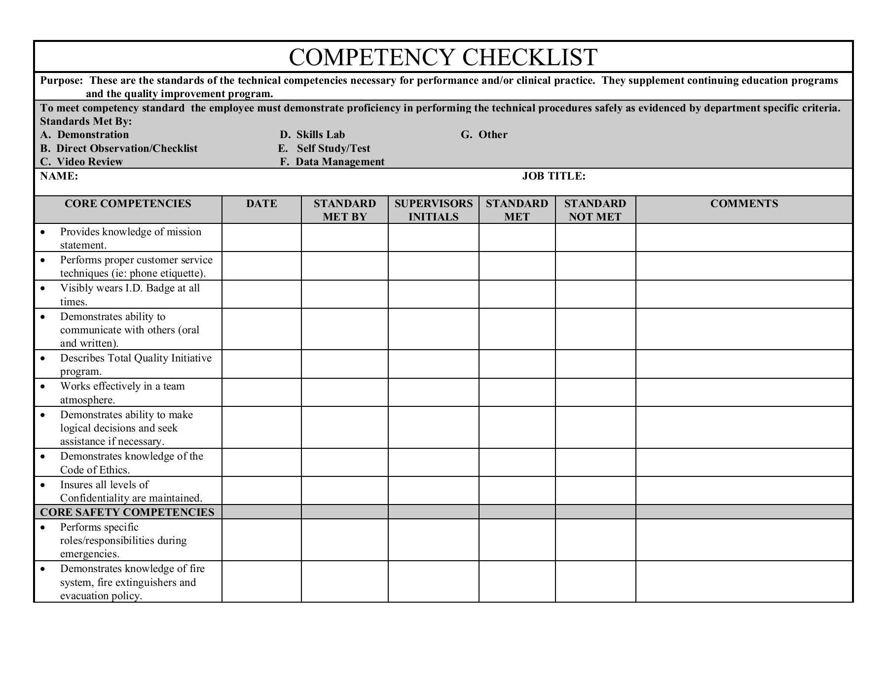 COMPETENCY CHECKLIST Pertaining To Skills Checklist Template For Skills Checklist Template