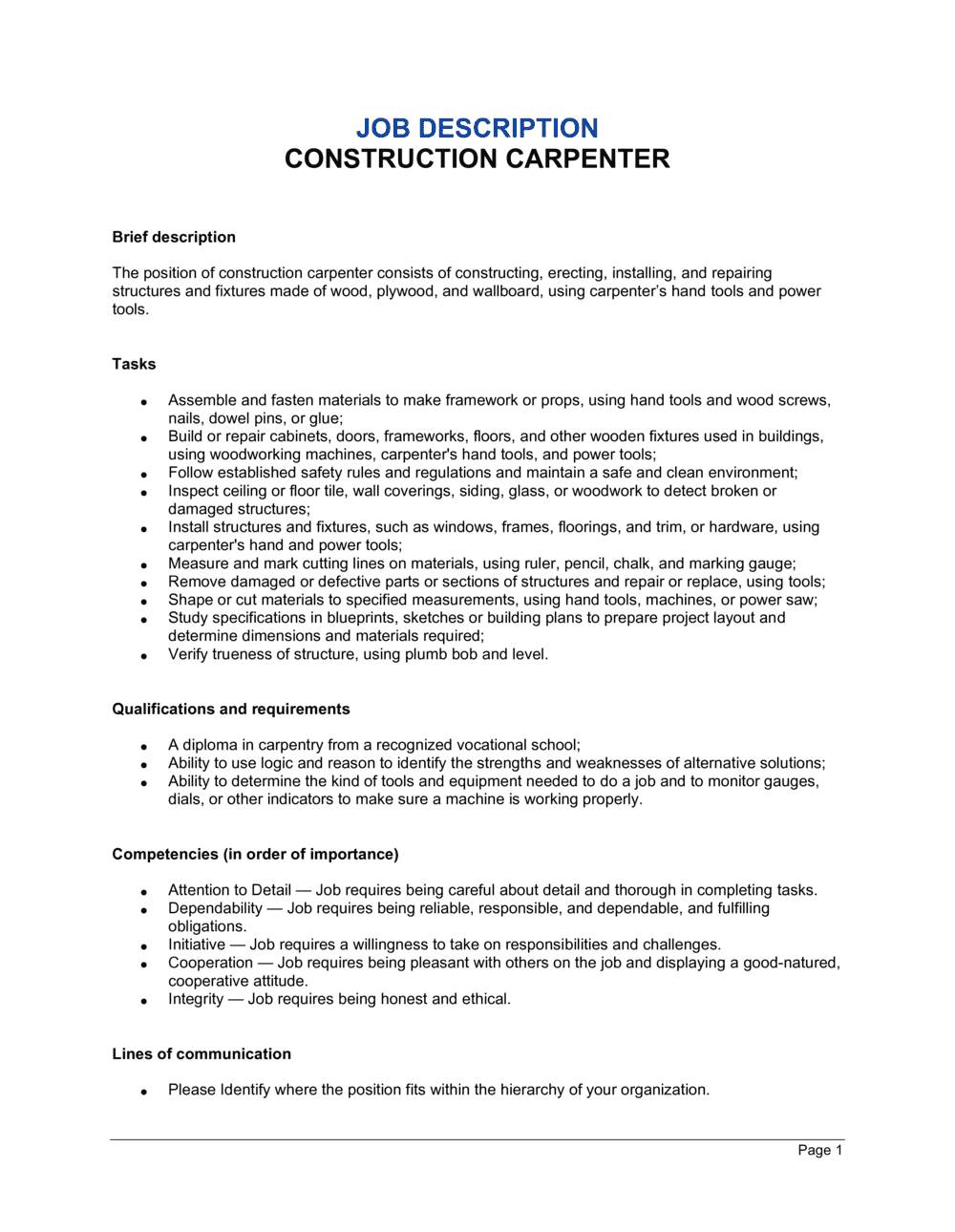 Construction Carpenter Job Description Template  by Business-in-a  Within Carpenter Job Description Template With Regard To Carpenter Job Description Template