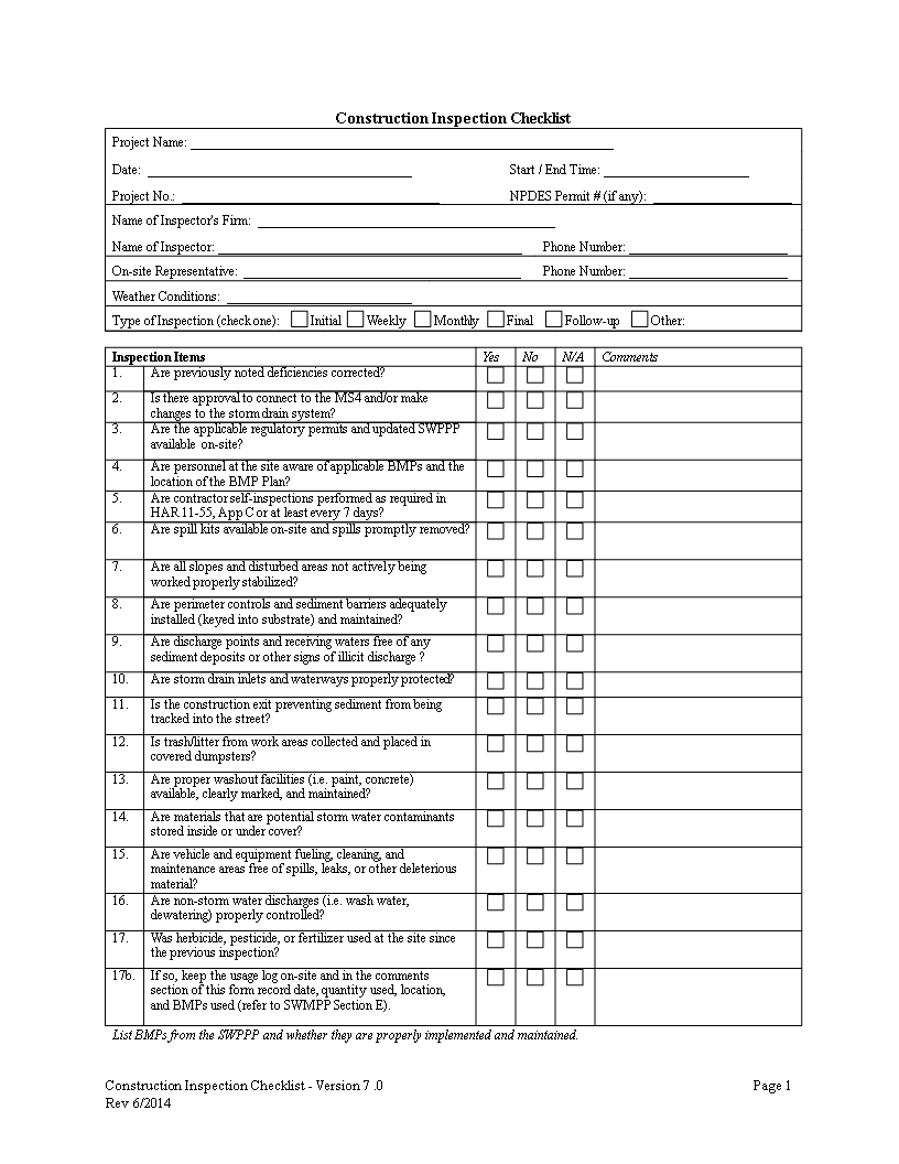 Construction Inspection Checklist  Templates At  In Construction Project Checklist Template