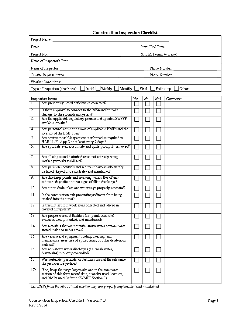 Construction Inspection Checklist  Templates at  With Construction Management Checklist Template Within Construction Management Checklist Template