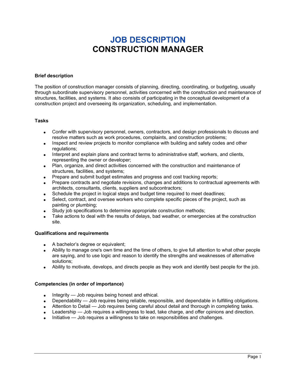 Construction Manager Job Description Template  by Business-in-a-Box™ Regarding Carpenter Job Description Template With Carpenter Job Description Template