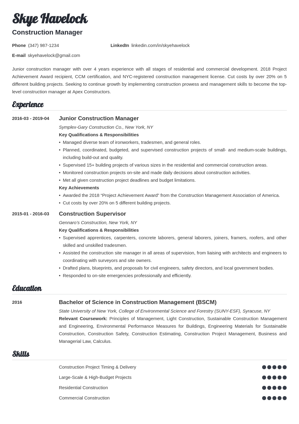Construction Manager Resume Sample [+Objective & Skills] With Regard To Construction Project Manager Job Description Template With Construction Project Manager Job Description Template