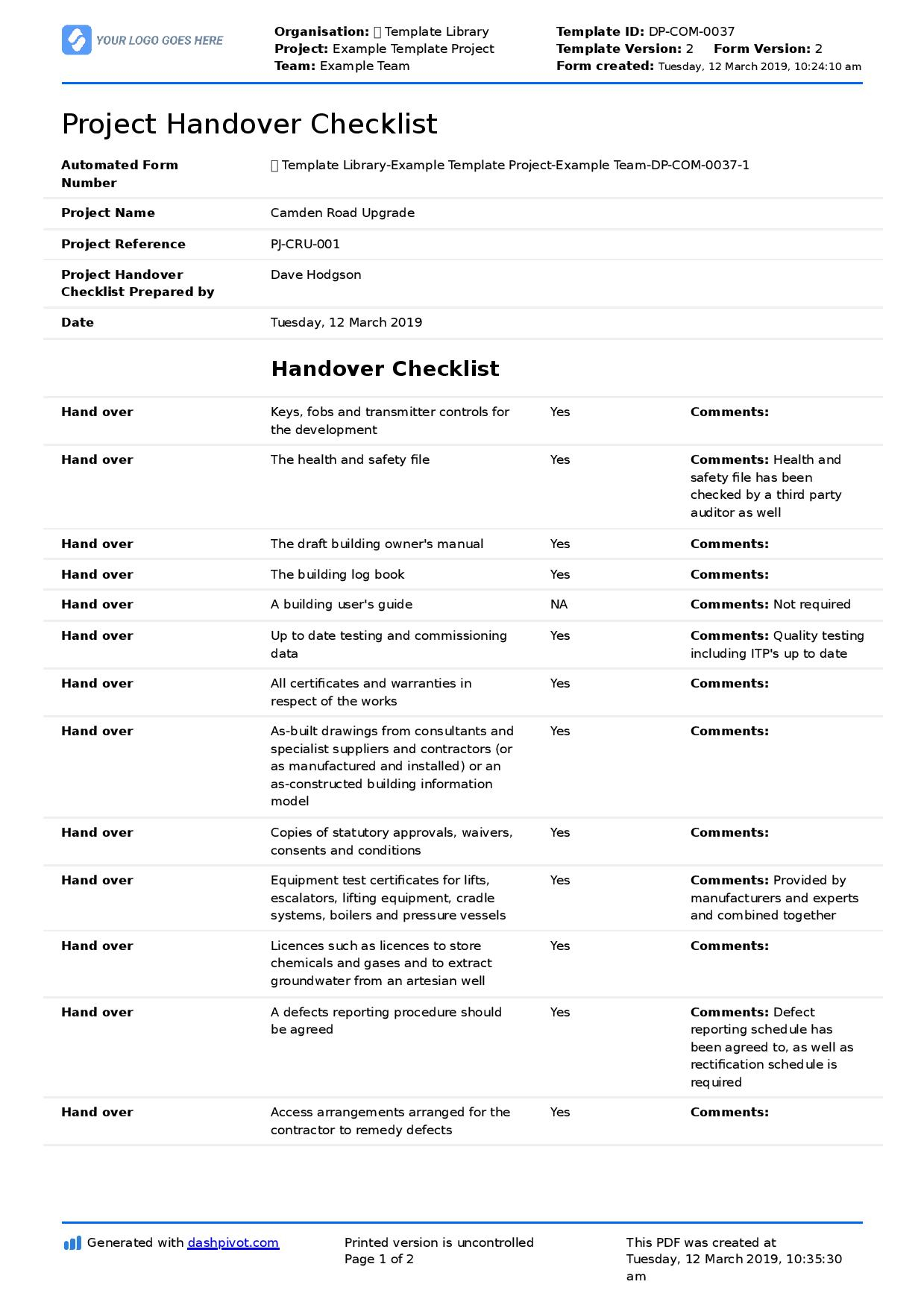 Construction Project Handover Checklist template (Better than excel) Regarding Construction Project Checklist Template Intended For Construction Project Checklist Template