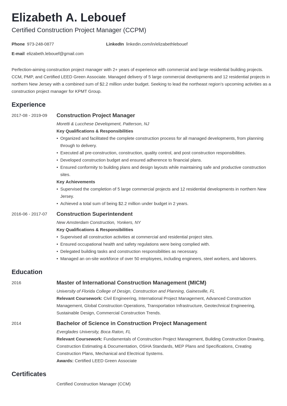 Construction Project Manager Resume Examples & Guide Regarding Construction Project Manager Job Description Template