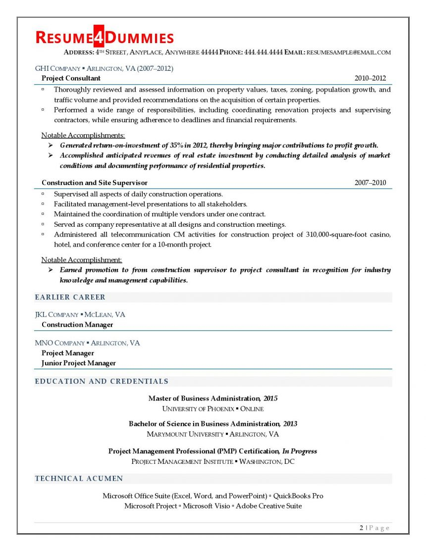 Construction Project Manager Resume  Resume10Dummies For Construction Project Manager Job Description Template