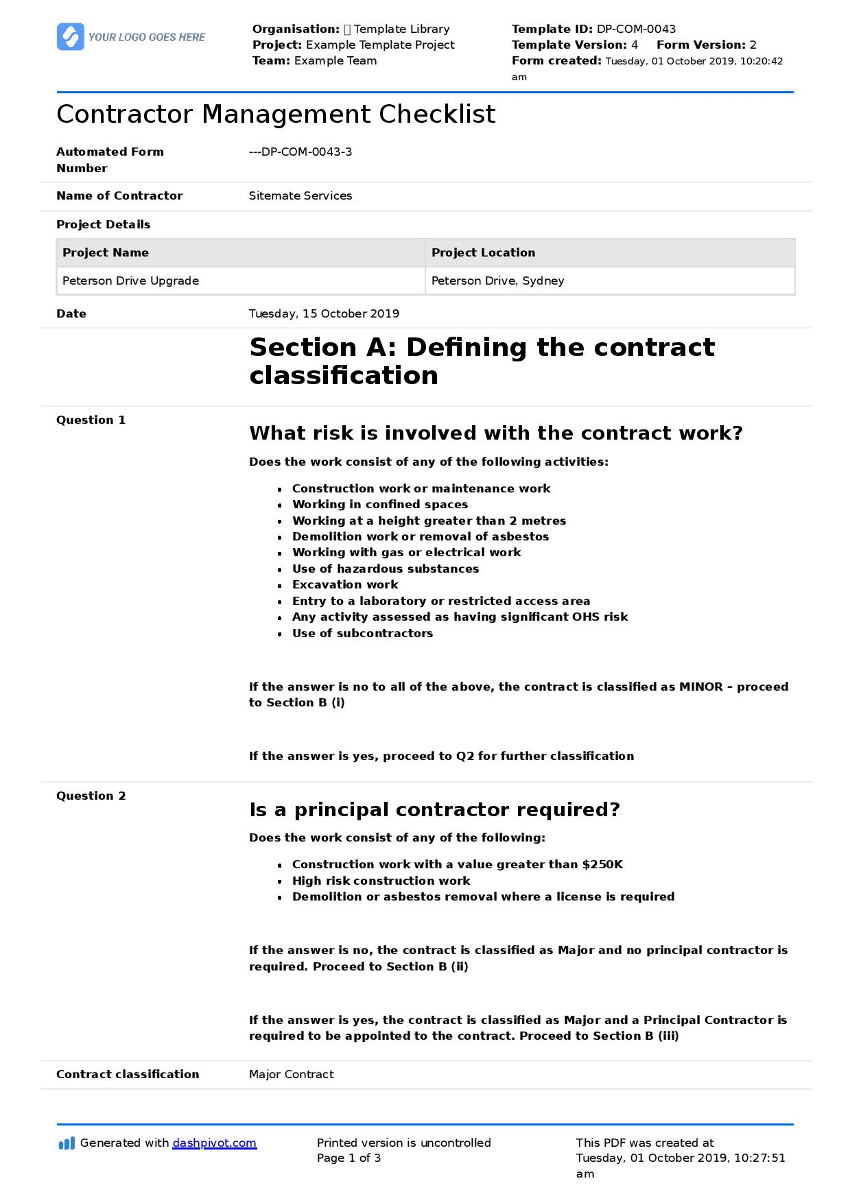 Contractor Management Checklist (Free and editable template) Within Management Checklist Template With Management Checklist Template