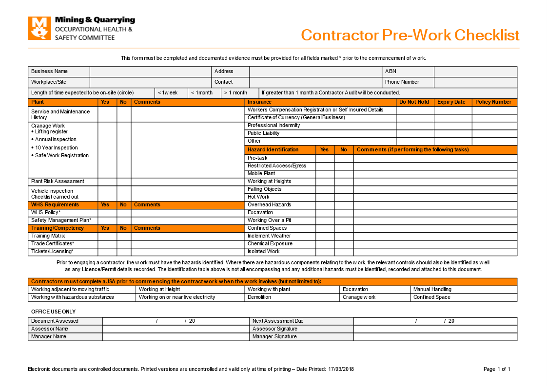 Contractor Pre Work Checklist  Templates at allbusinesstemplates  With Pre Employment Checklist Template Regarding Pre Employment Checklist Template