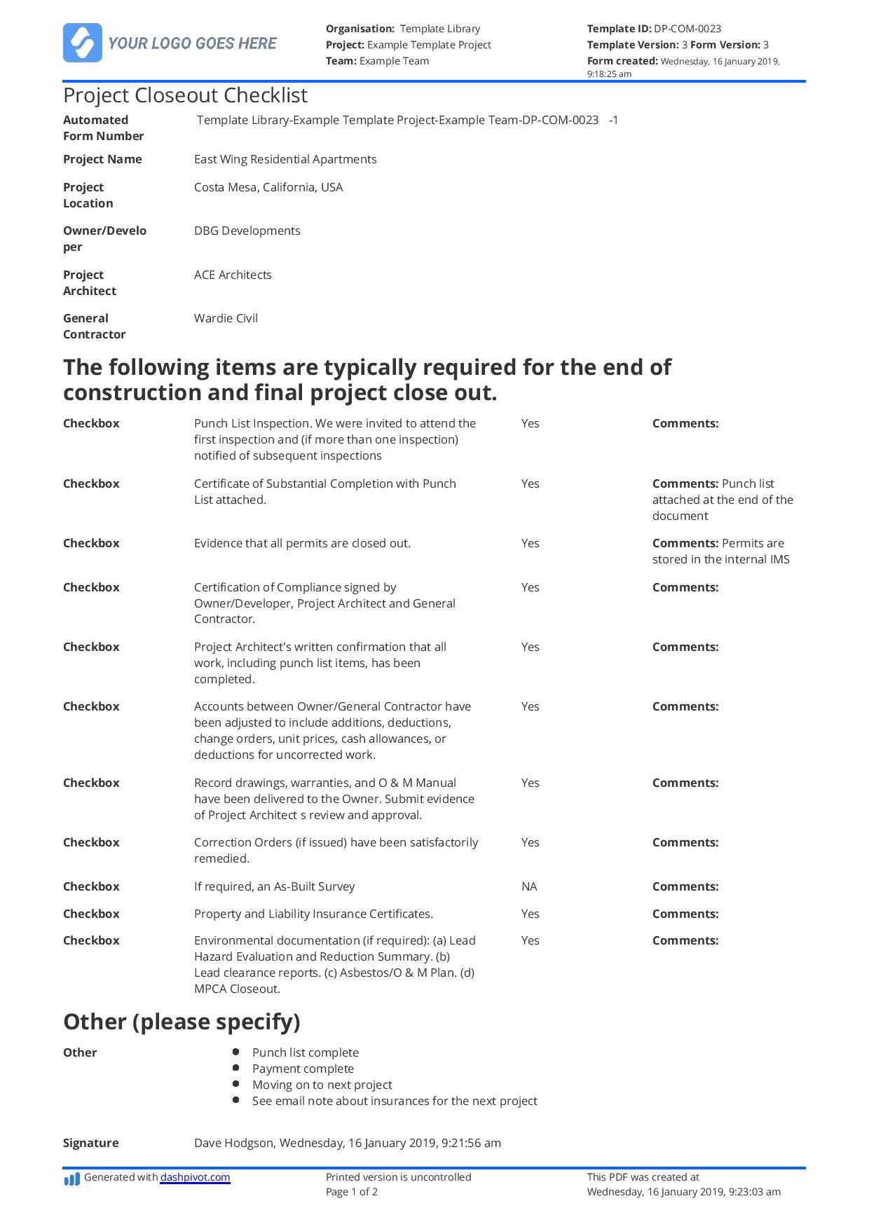 Contruction Project Closeout Checklist template - Free and editable Regarding Construction Project Checklist Template Intended For Construction Project Checklist Template