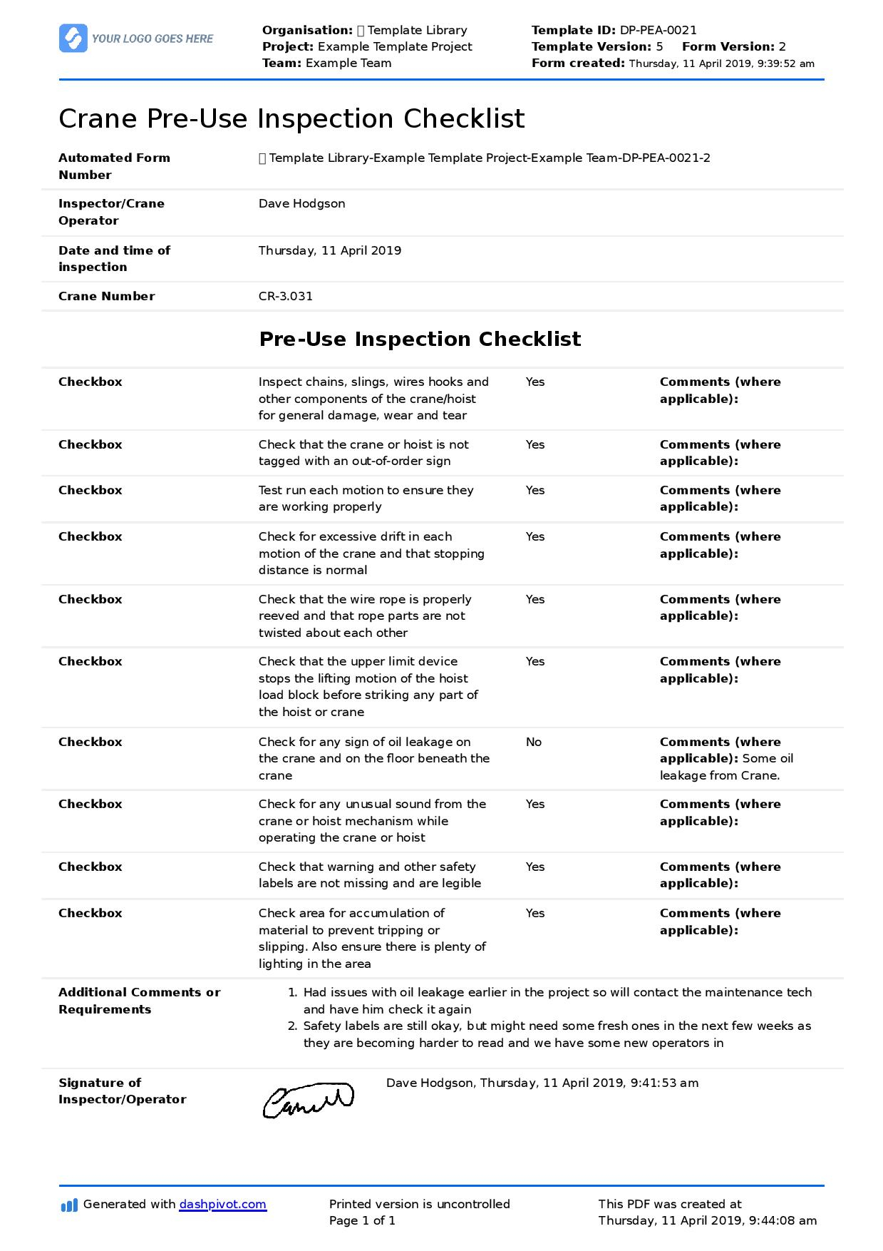 Crane Pre-Use Inspection Checklist (For overhead cranes and more) Pertaining To Crane Inspection Checklist Template Inside Crane Inspection Checklist Template