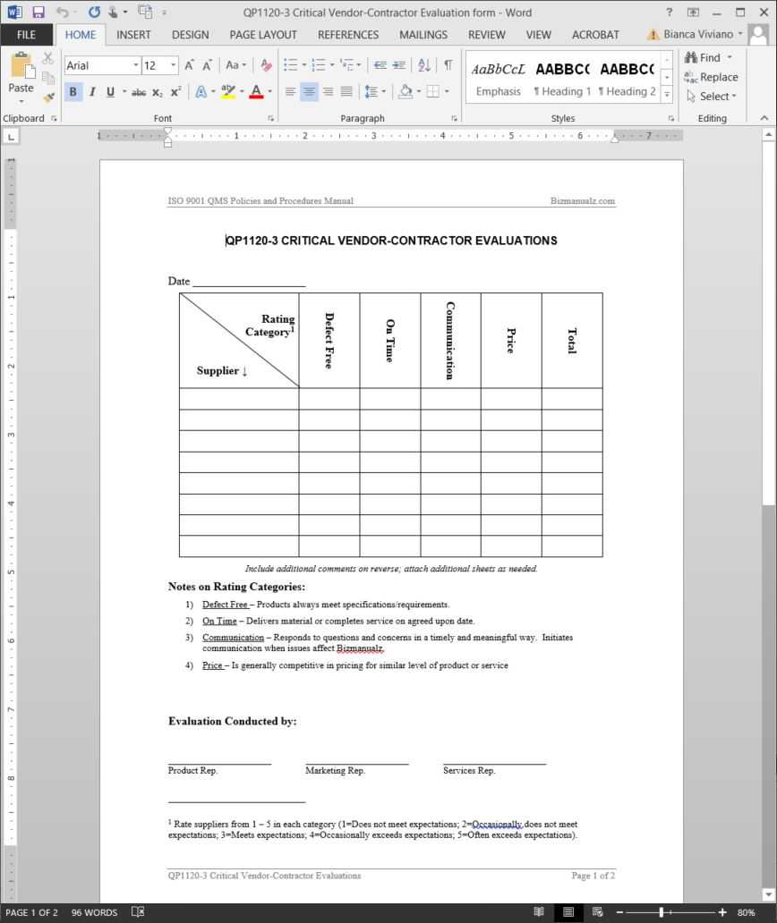 Critical Vendor-Contractor Evaluation ISO Template  QP10-10 With Vendor Audit Checklist Template Pertaining To Vendor Audit Checklist Template