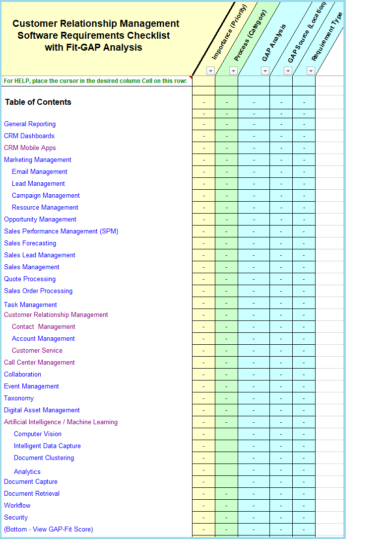 CRM Software Requirements Checklist With Fit/Gap Analysis With Regard To Requirements Gathering Template Checklist