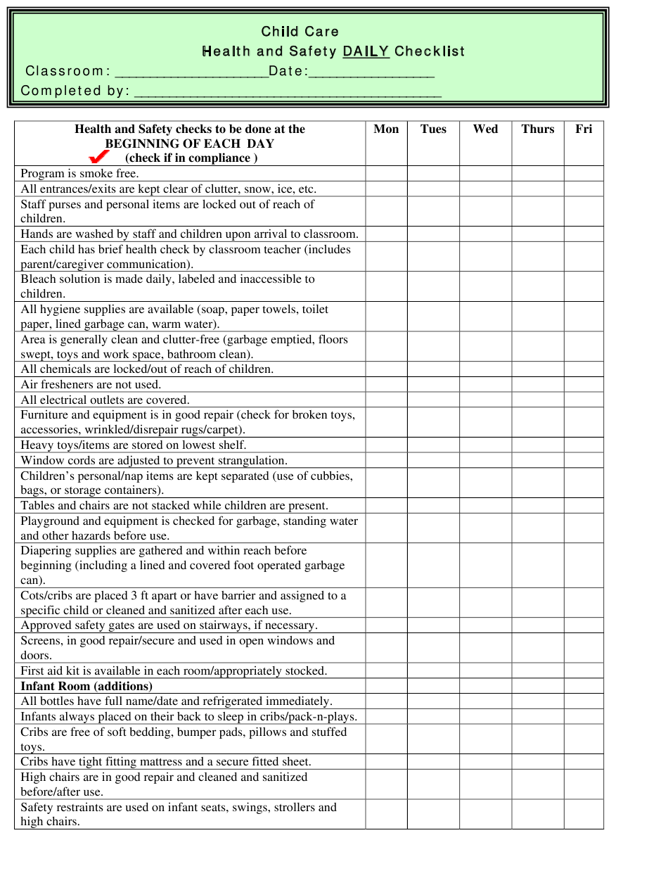 Daily Child Care Health and Safety Checklist Download Printable  With Daycare Checklist Template Within Daycare Checklist Template