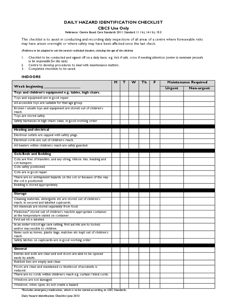 Daily Hazard Identification Checklist Template Free Download  In Child Care Safety Checklist Template Inside Child Care Safety Checklist Template