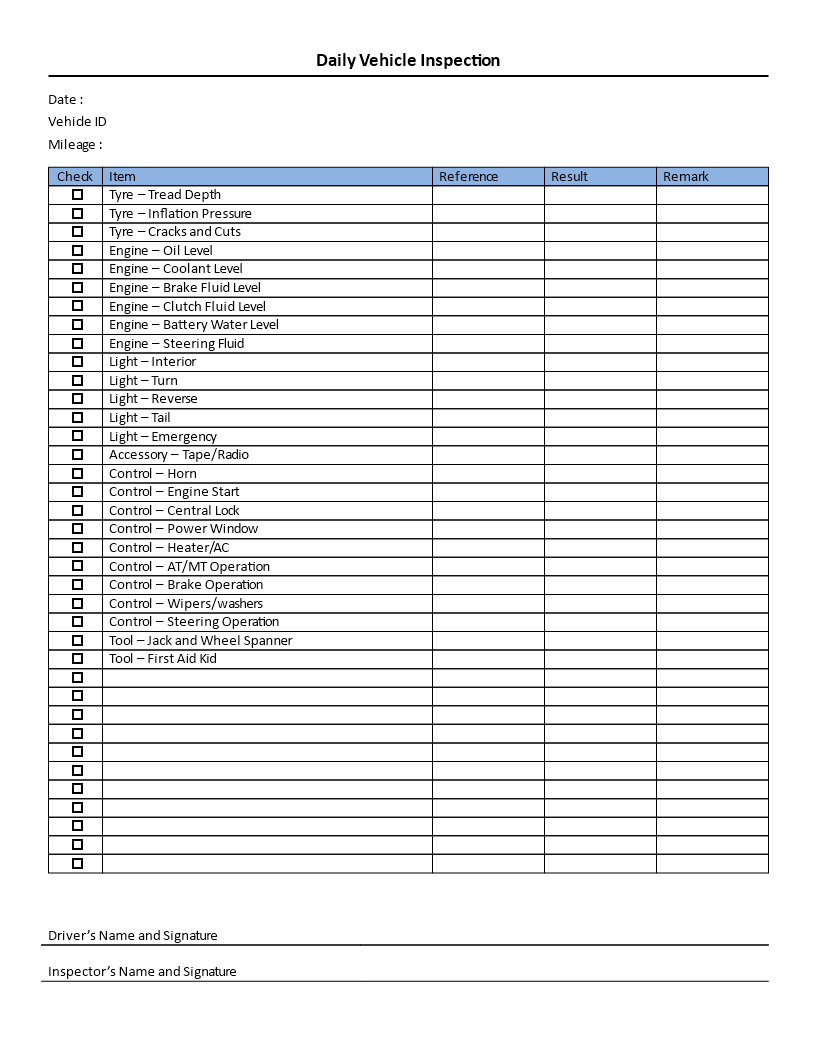 免费Daily Vehicle Inspection Checklist  样本文件在  In Driver Checklist Template