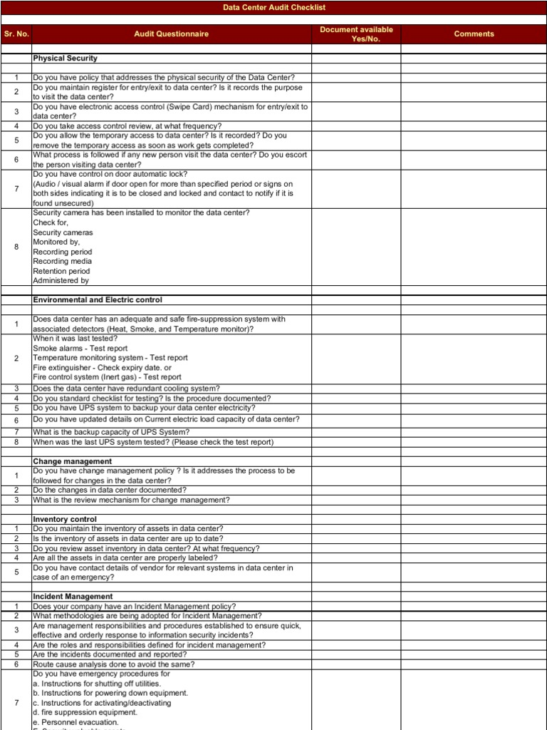 Data center physical security checklist excel Within Data Center Checklist Template Excel Throughout Data Center Checklist Template Excel
