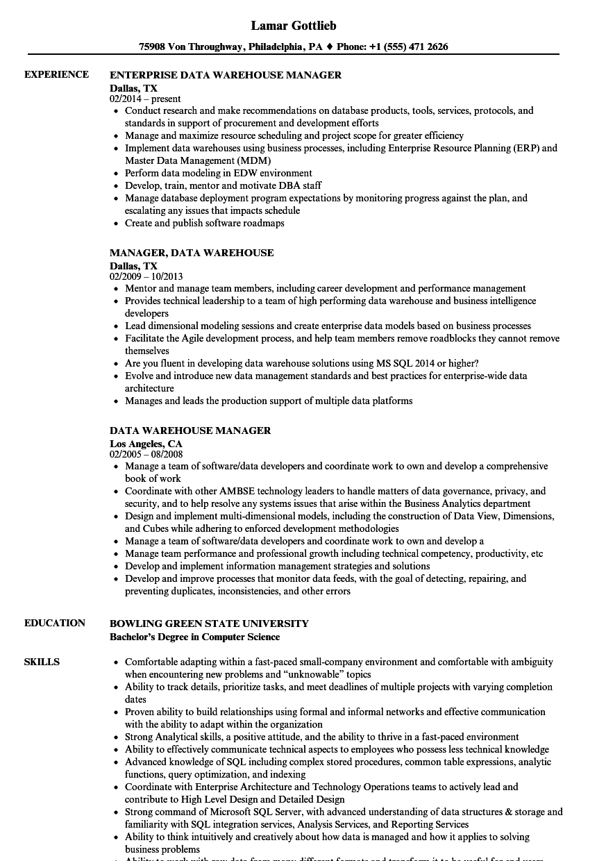 Data Warehouse Manager Resume Samples  Velvet Jobs With Regard To Warehouse Manager Job Description Template Throughout Warehouse Manager Job Description Template