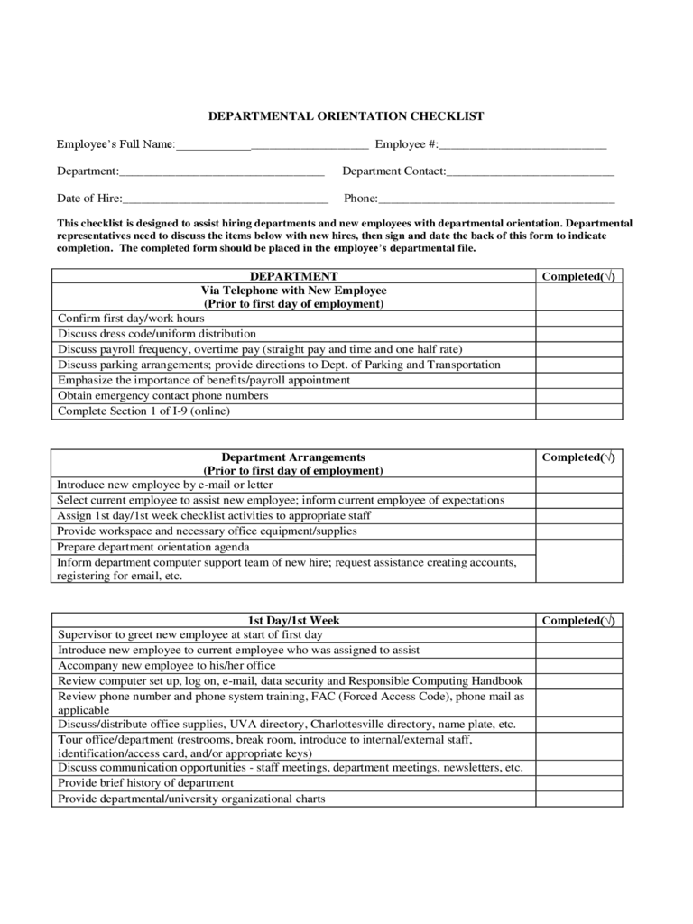 Departmental Orientation Checklist - Virginia Free Download For Orientation Checklist Template For New Employee With Regard To Orientation Checklist Template For New Employee