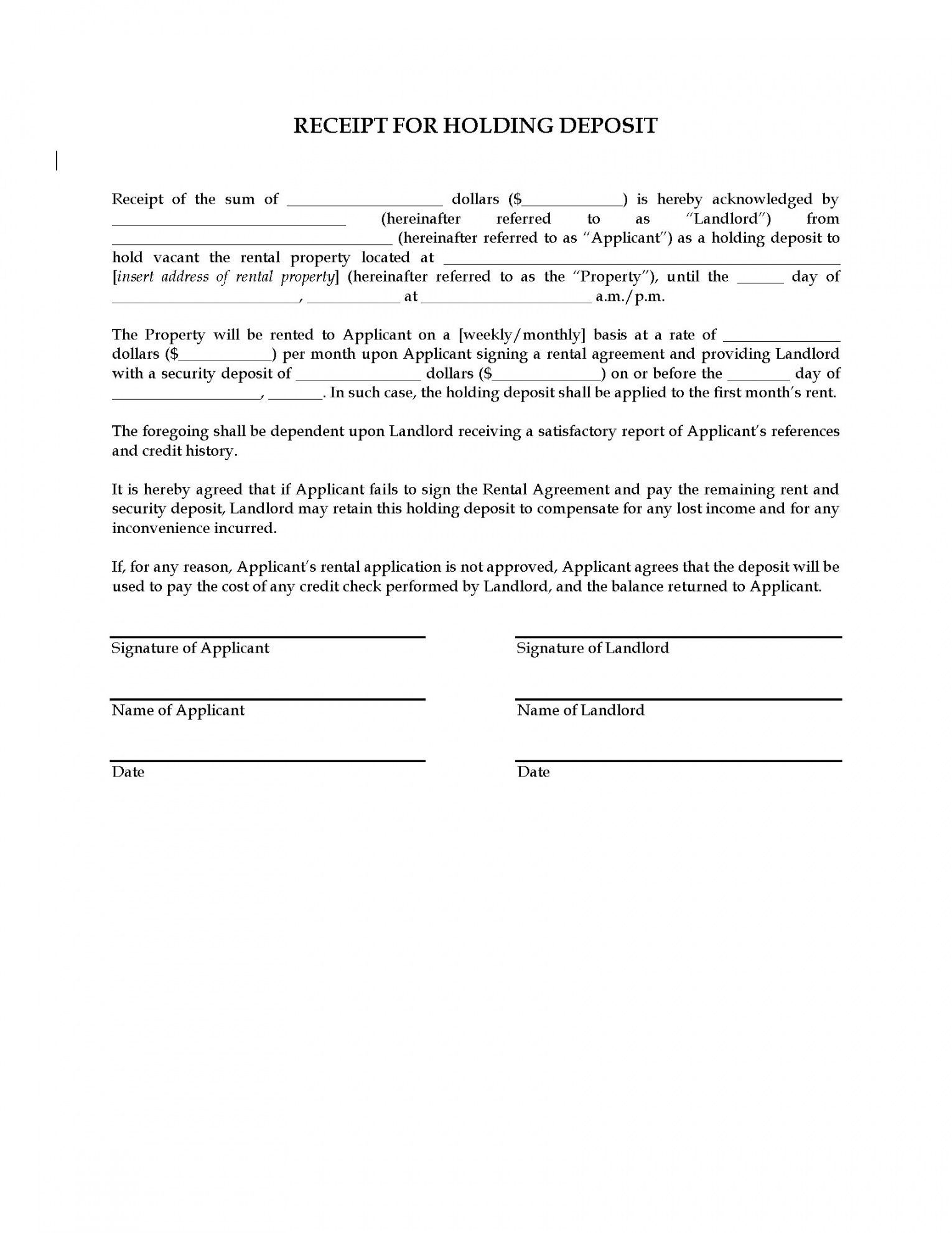 Deposit Agreement Template - Holding Deposit Agreement Form Fill  For Non Refundable Rental Deposit Form Template In Non Refundable Rental Deposit Form Template