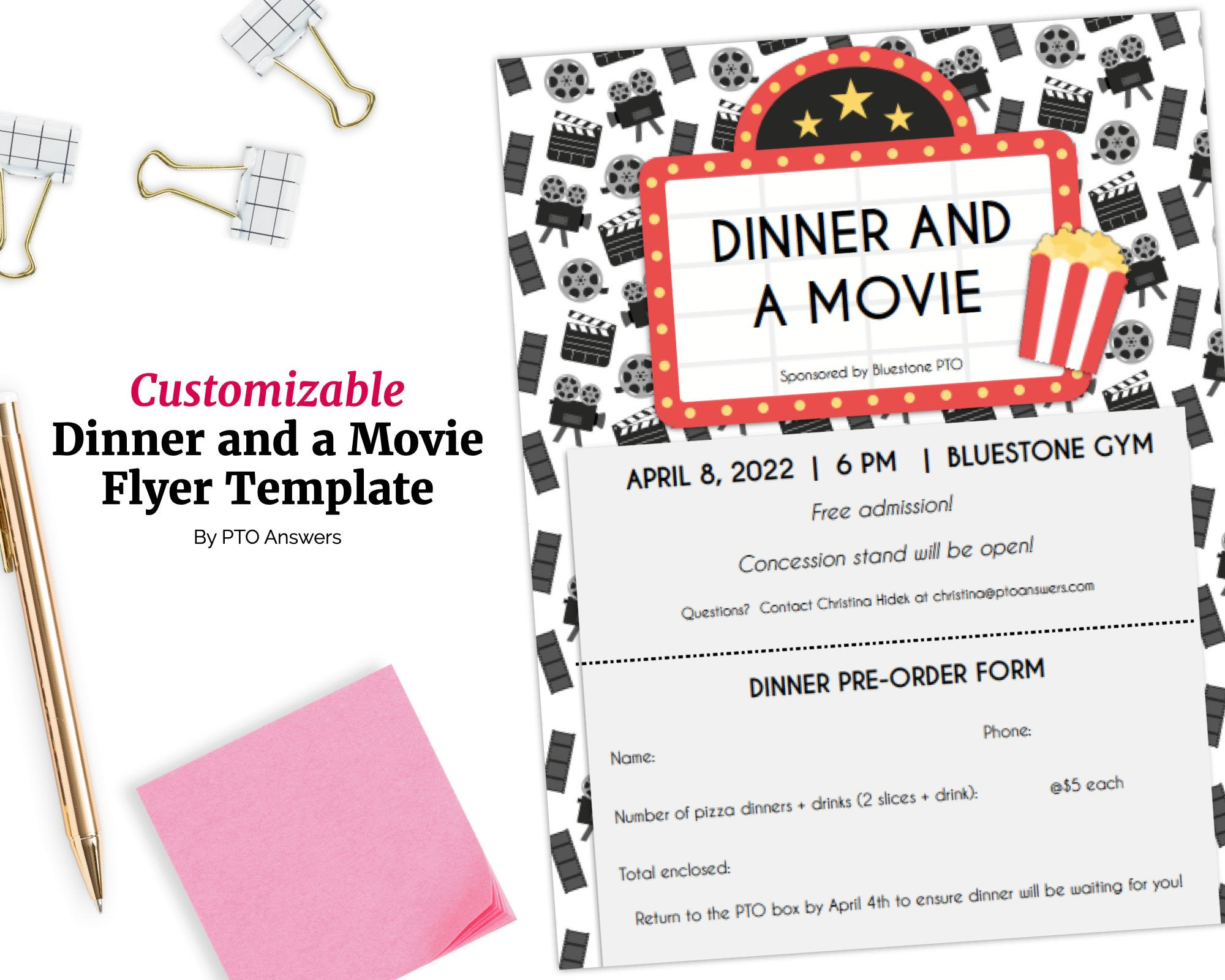 Dinner and a Movie Night Flyer Template for PTA, PTO, Church and other  groups DIY fillable pdf template With Regard To Church Movie Night Flyer Template With Regard To Church Movie Night Flyer Template