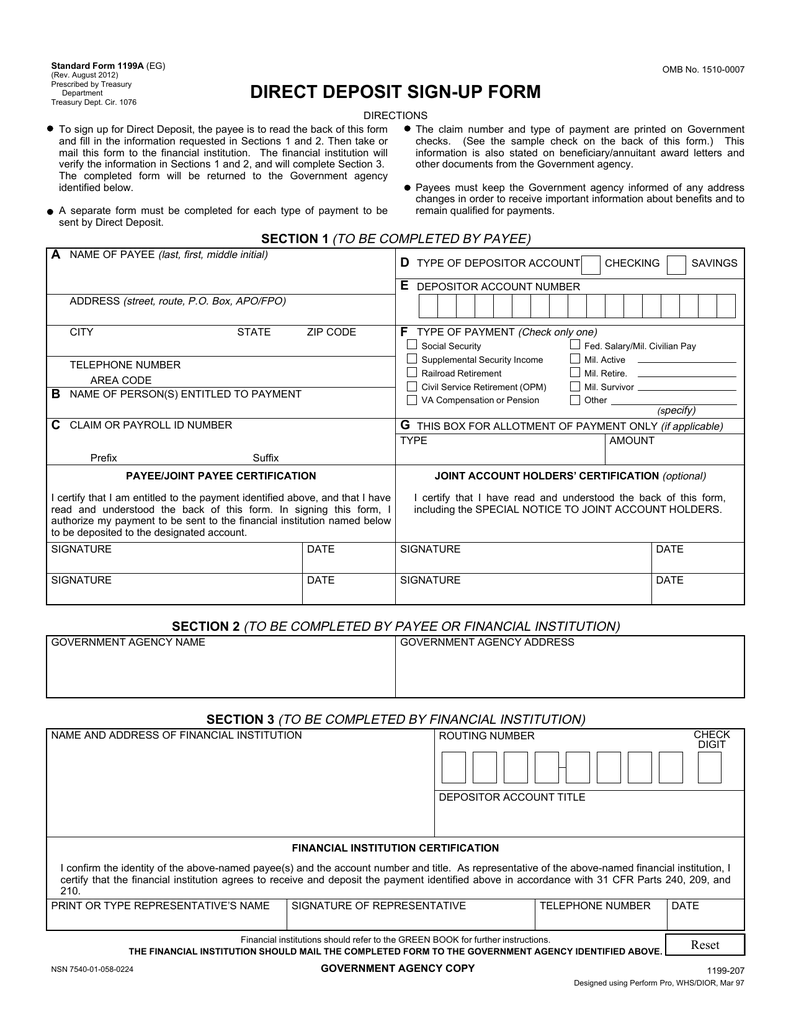 DIRECT DEPOSIT SIGN-UP FORM Regarding Federal Government Direct Deposit Form In Federal Government Direct Deposit Form