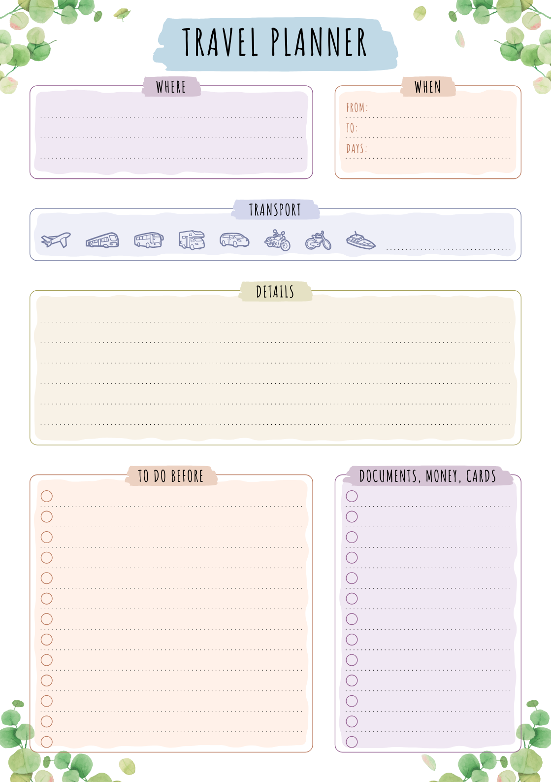 Download Printable Travel Planner - Floral Style PDF Regarding Travel Planner Itinerary Template Inside Travel Planner Itinerary Template