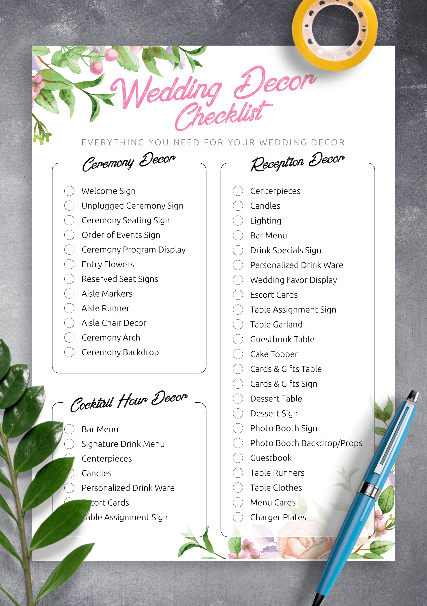 Download Printable Wedding Decor Checklist PDF For Wedding Decoration Checklist Template