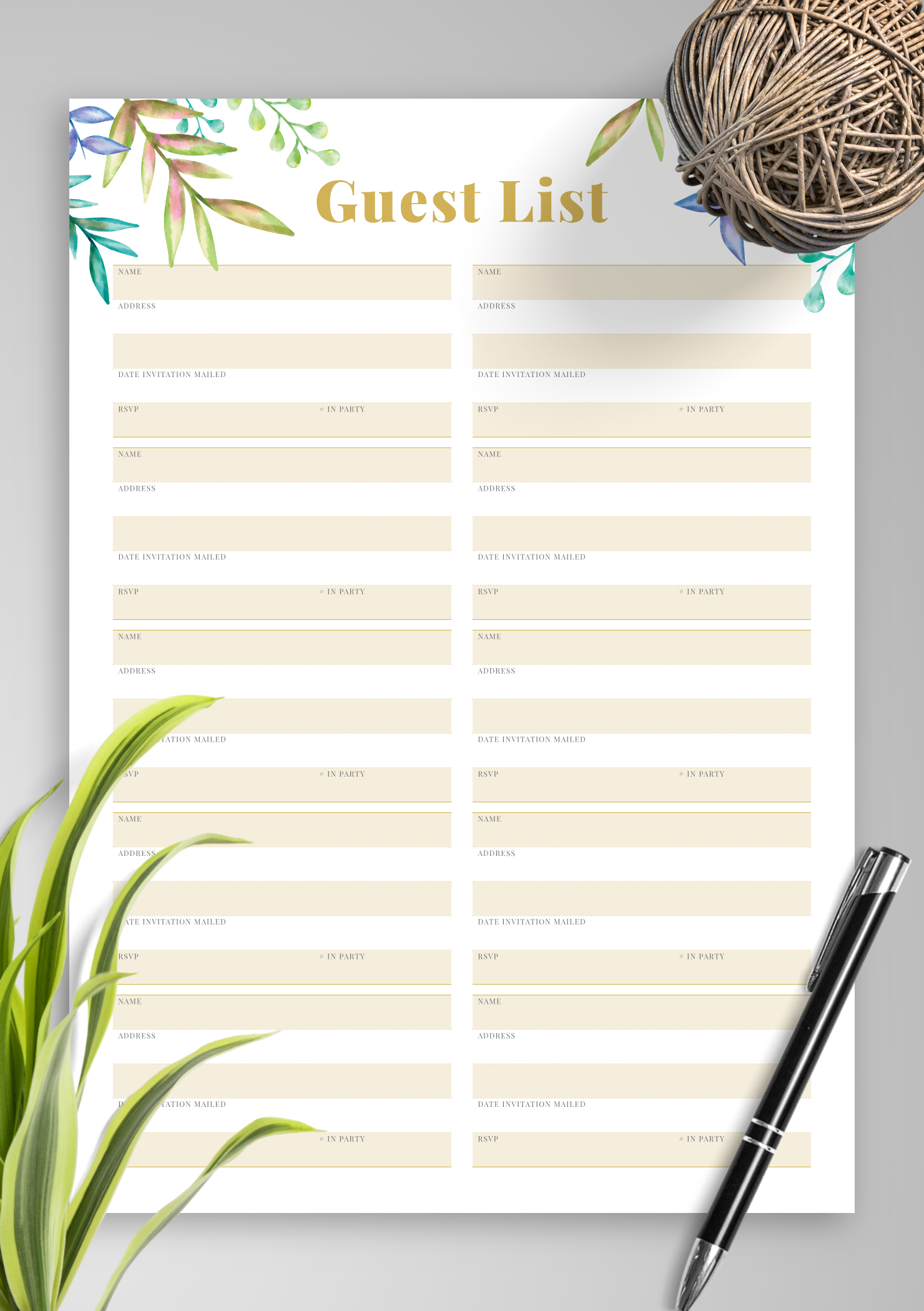 Download Printable Wedding Guest List with Botanical Pattern PDF Throughout Wedding Guest Checklist Template Pertaining To Wedding Guest Checklist Template