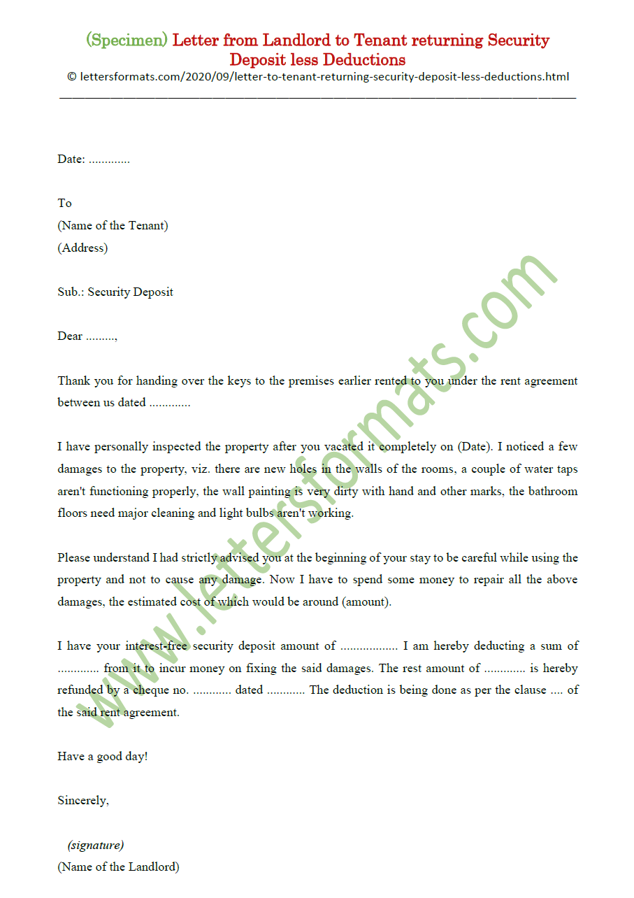 Draft Letter to Tenant returning Security Deposit less Deductions In Landlord Letter To Tenant Regarding Security Deposit Return Intended For Landlord Letter To Tenant Regarding Security Deposit Return