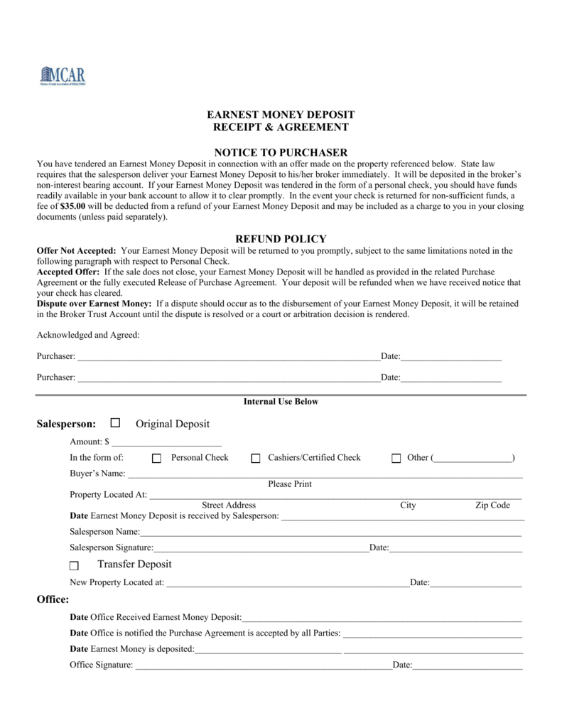 EARNEST MONEY DEPOSIT RECEIPT & AGREEMENT NOTICE TO With Release Of Earnest Money Deposit Form In Release Of Earnest Money Deposit Form