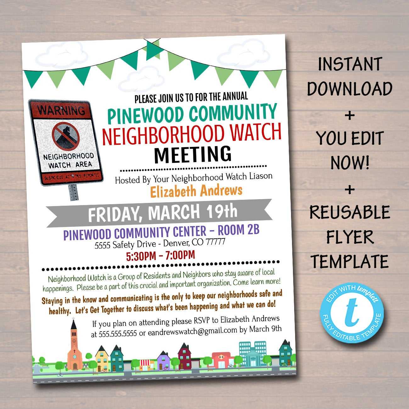 EDITABLE Neighborhood Watch Meeting Event Flyer, Church Community School  Event, Neighborhood Safety Meeting Invite Template INSTANT DOWNLOAD Pertaining To Community Event Flyer Template Throughout Community Event Flyer Template