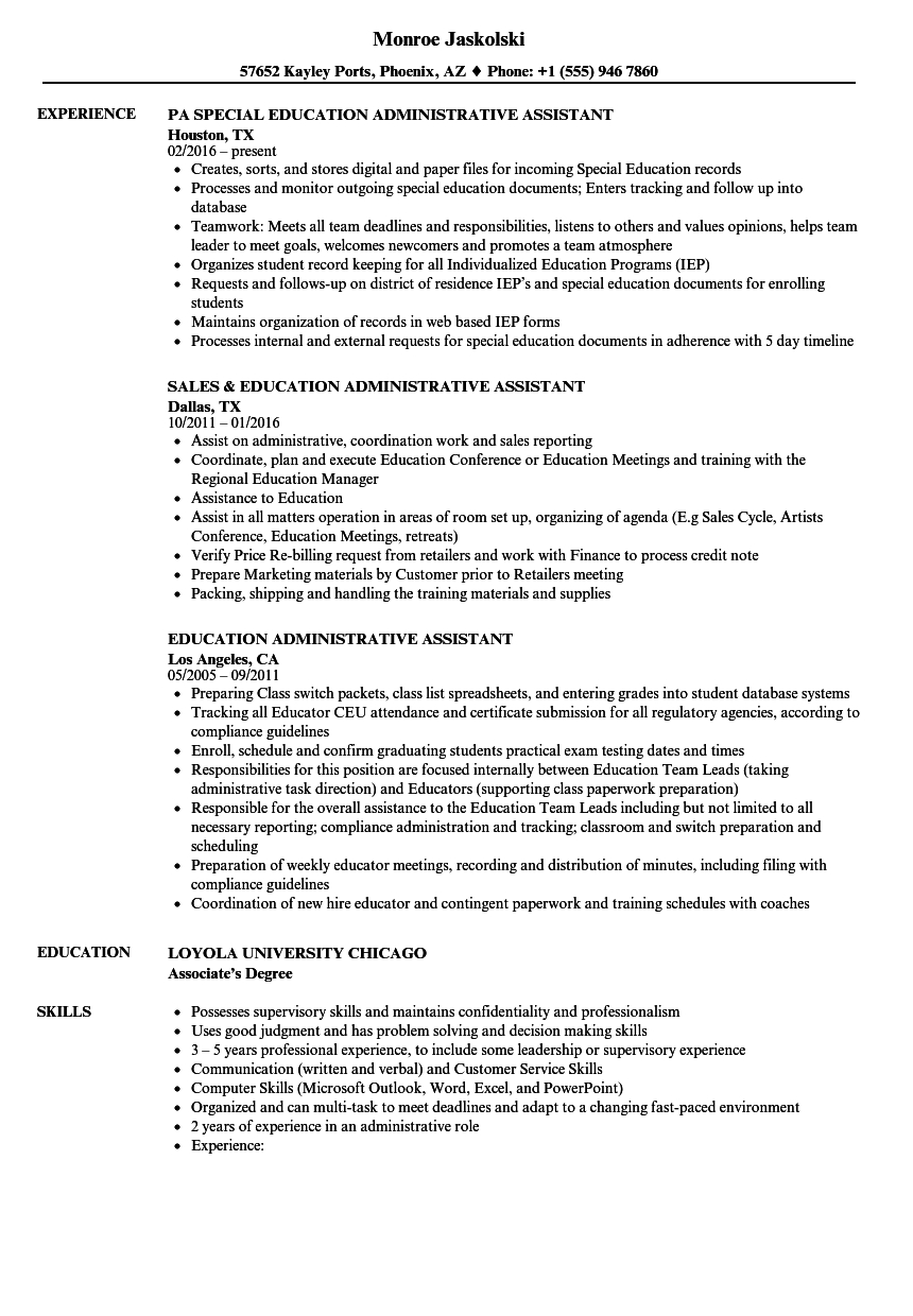 Education Administrative Assistant Resume Samples  Velvet Jobs Throughout Office Assistant Job Description Template Throughout Office Assistant Job Description Template