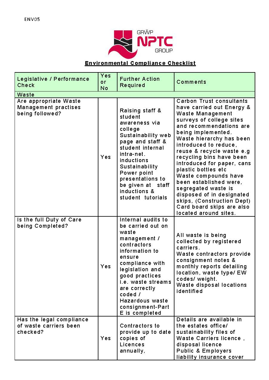 Environmental Compliance Checklist Template – PDF Format  E  Within Environmental Audit Checklist Template