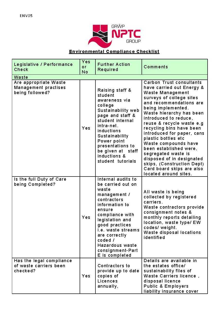 Environmental Compliance Checklist Template - PDF Format  e  Within Environmental Audit Checklist Template With Regard To Environmental Audit Checklist Template