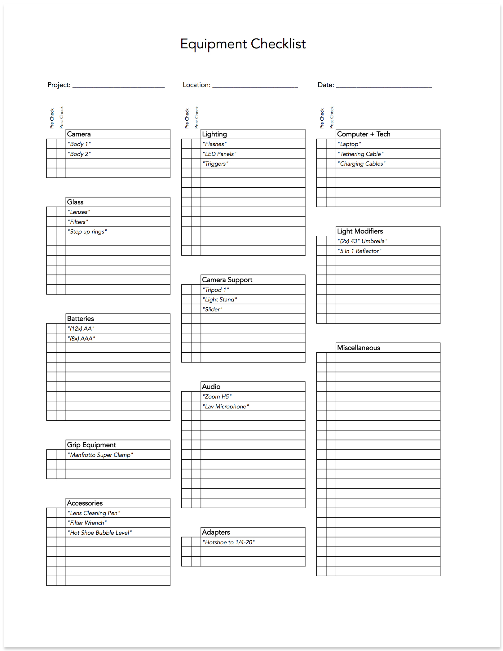 Equipment Checklist - Never Forget Important Equipment — Drew Gray  With Regard To Interior Design Checklist Template Inside Interior Design Checklist Template