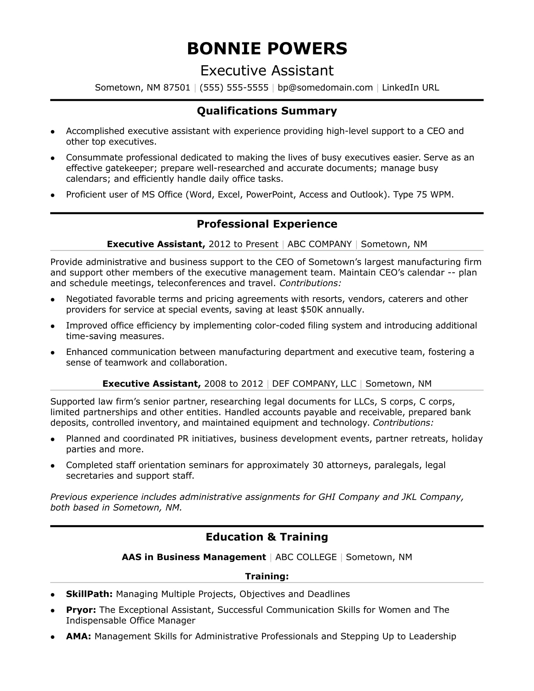 Executive Administrative Assistant Resume Sample  Monster In Executive Assistant Job Description Template