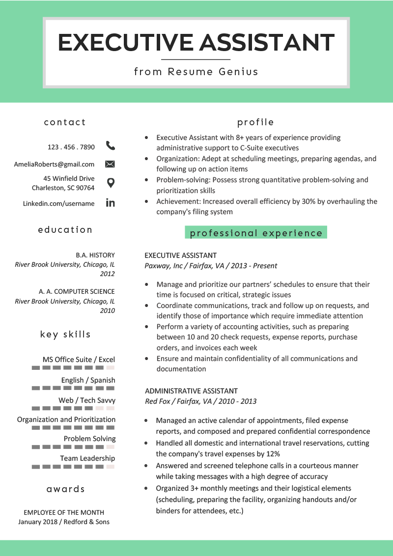 Executive Assistant Resume Example & Writing Tips  RG Throughout Executive Assistant Job Description Template