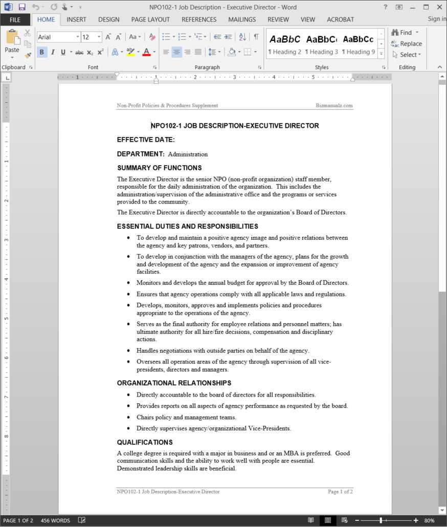 Executive Director Job Description Template  NPO100-10 For Ceo Job Description Template Inside Ceo Job Description Template