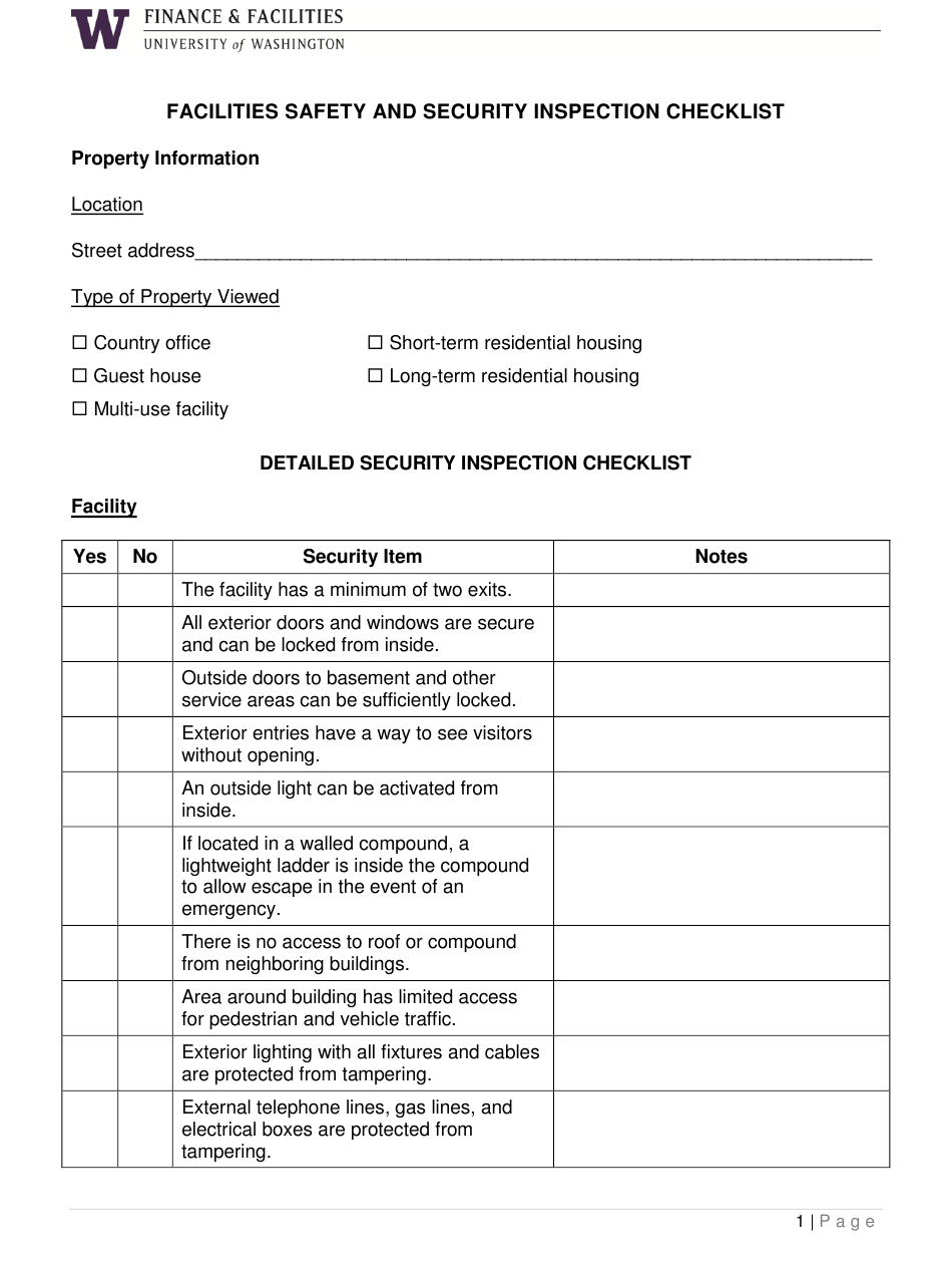 Facilities Safety and Security Inspection Checklist Template  With Regard To Building Security Checklist Template Regarding Building Security Checklist Template