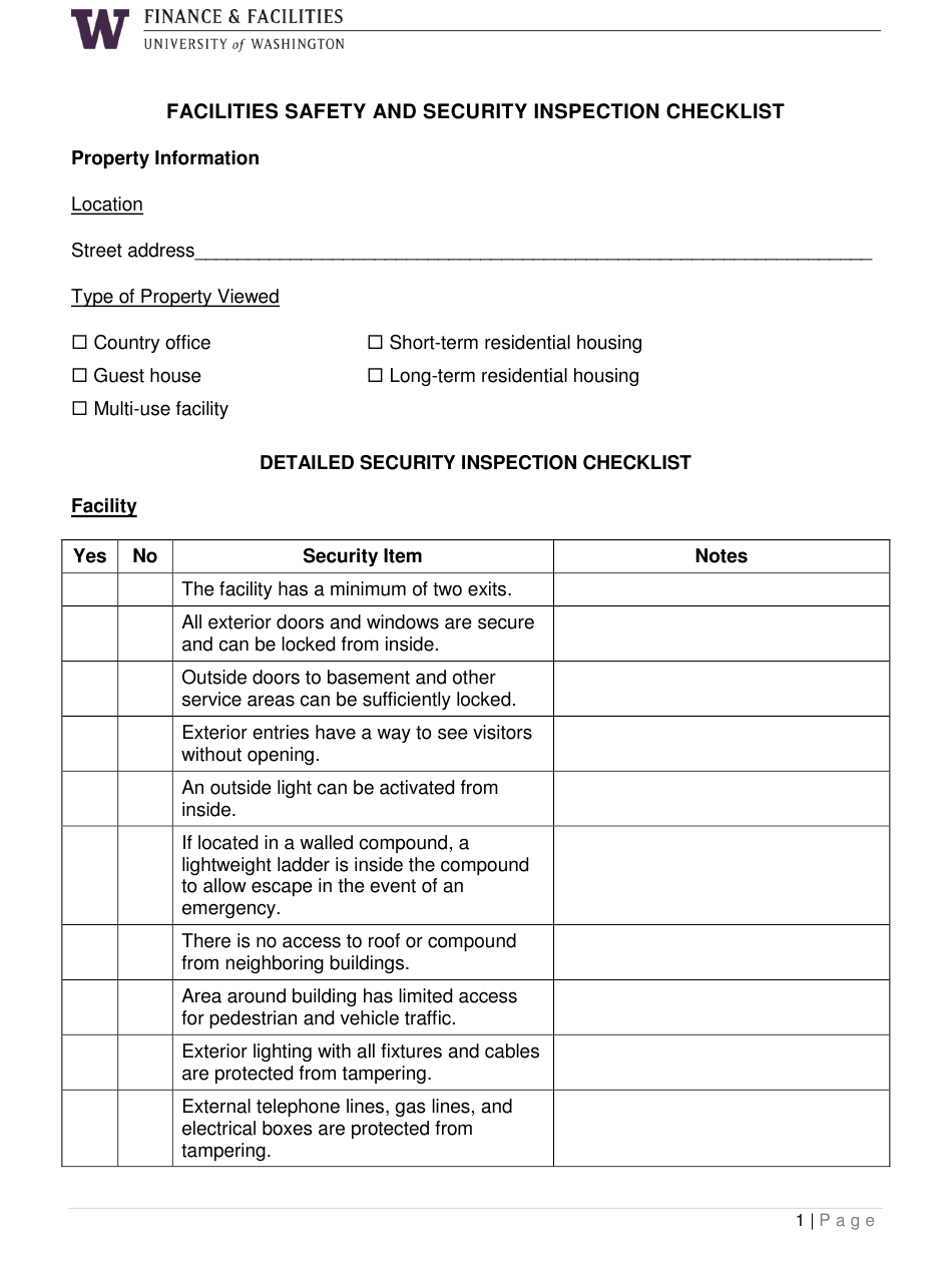 Facilities Safety And Security Inspection Checklist Template  With Regard To Building Security Checklist Template