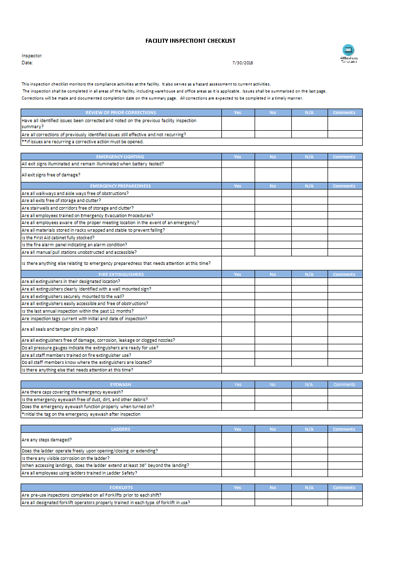 Facility Inspection Checklist - Premium Schablone Intended For Warehouse Safety Checklist Template Throughout Warehouse Safety Checklist Template