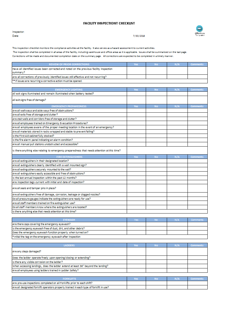 Facility Inspection Checklist – Premium Schablone Intended For Warehouse Safety Checklist Template