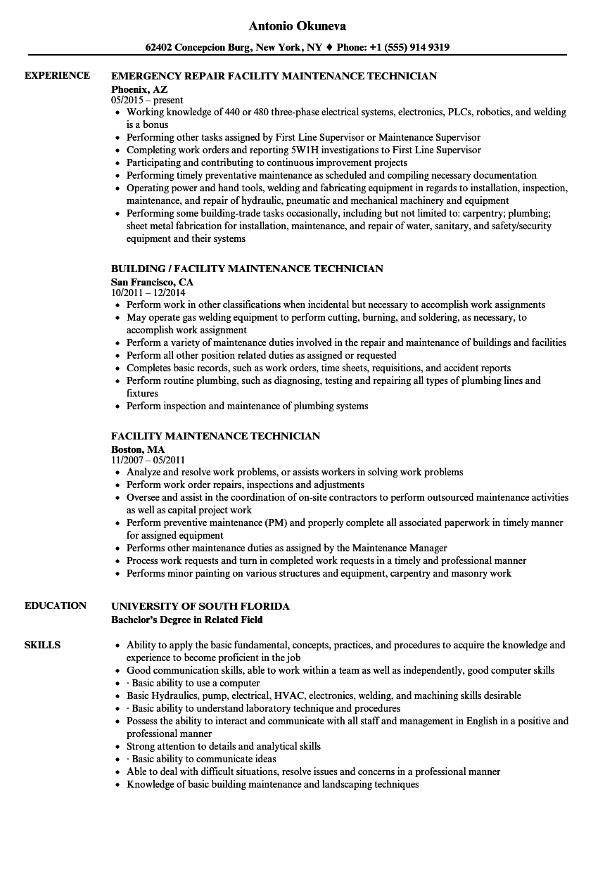 Facility Maintenance Technician Resume Samples  Velvet Jobs With Maintenance Technician Job Description Template With Regard To Maintenance Technician Job Description Template