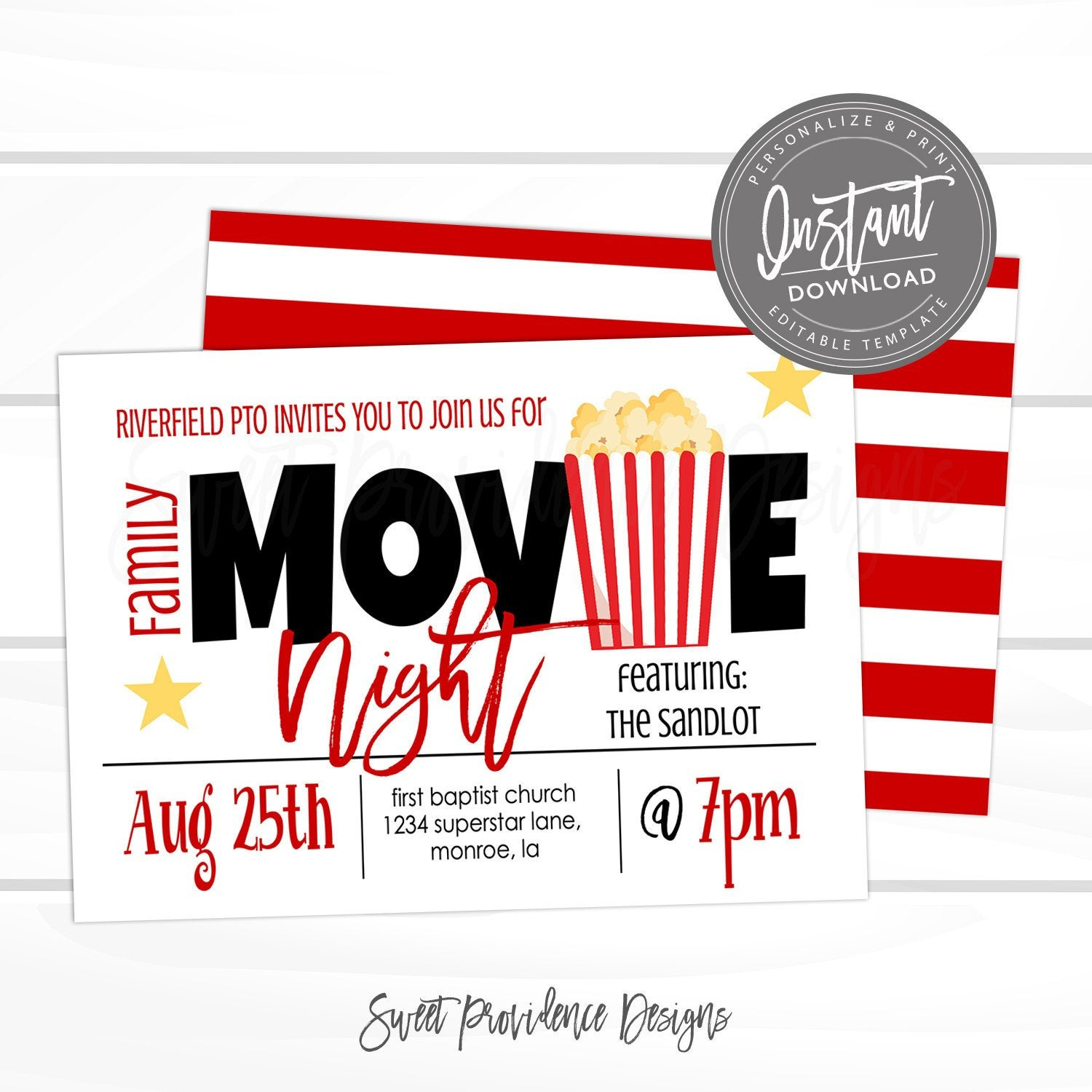 Family Movie Night Flyer, School or Church Movie party, PTO fundraiser,  Editable template, Sweet Providence, Instant Access, Within Church Movie Night Flyer Template Within Church Movie Night Flyer Template