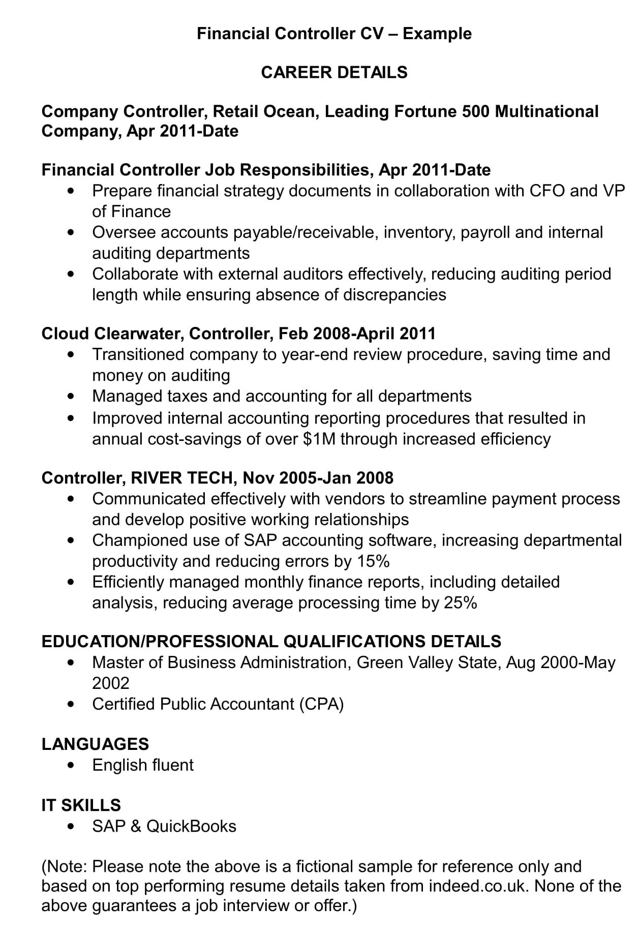 Financial Controller CV Template  Audit, Finance & Management Jobs With Regard To Financial Controller Job Description Template