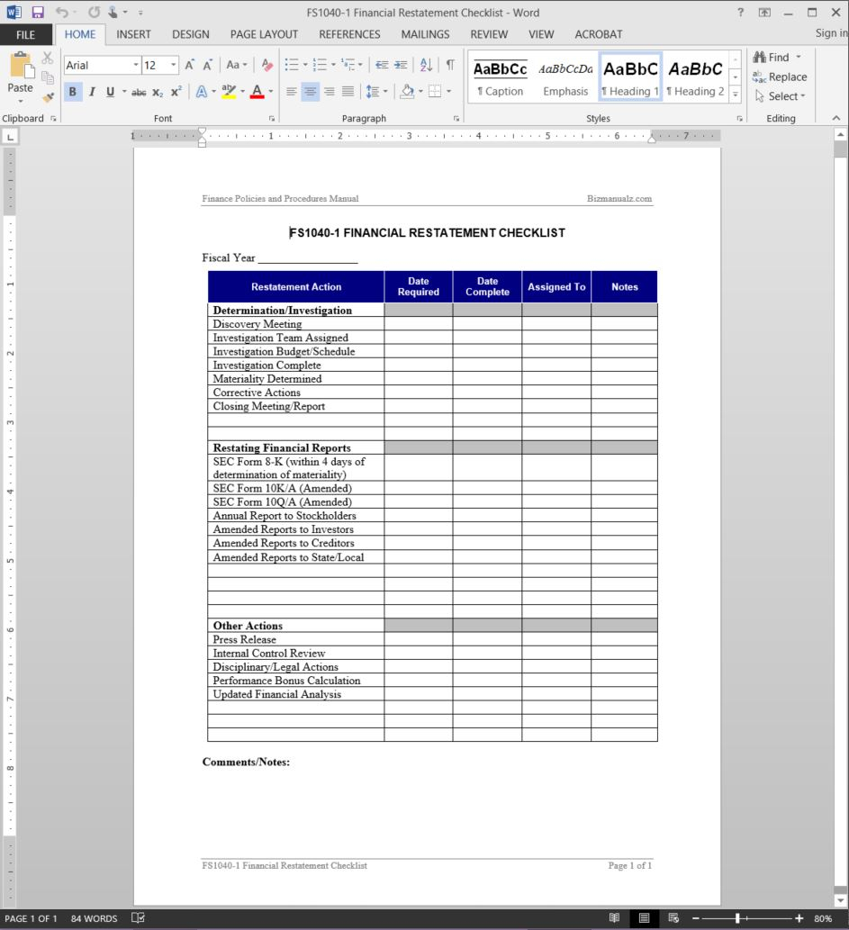 Financial Restatement Checklist Template  FS100-10 Inside Internal Financial Audit Checklist Template Inside Internal Financial Audit Checklist Template