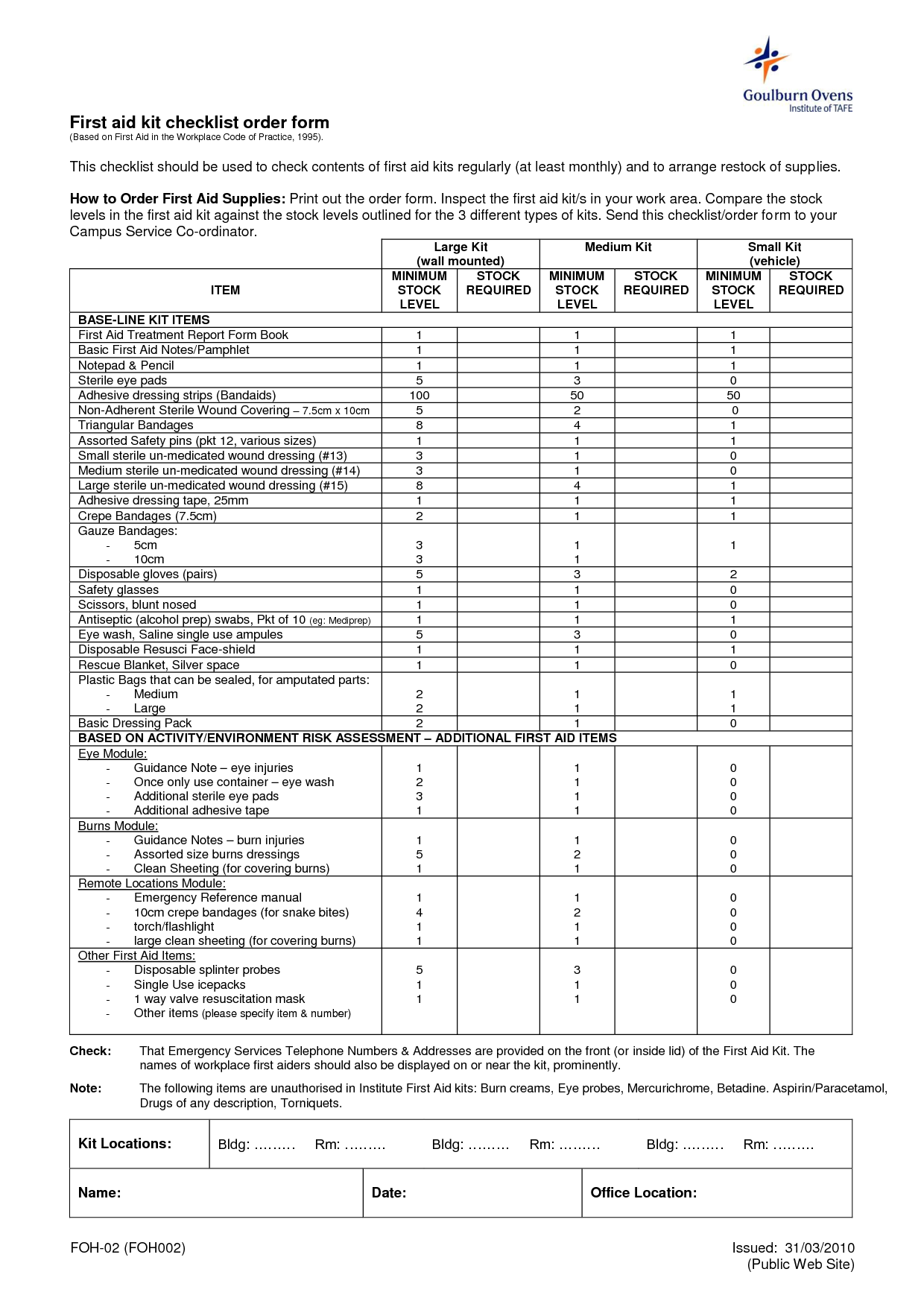 First Aid Contents Checklist In First Aid Supply Checklist Template